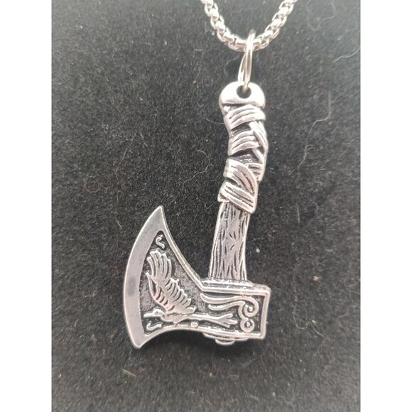 Viking Necklace Wolf Axe Celtic Pendant Nordic Amulet Silvertone 22" Chain - Picture 4 of 4